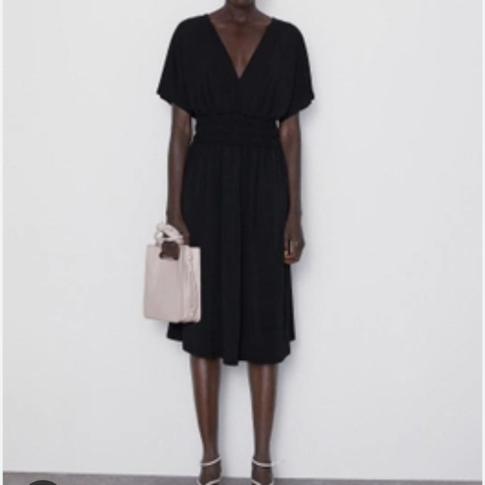 Zara Womens midi dress with tie belt Black Size Small